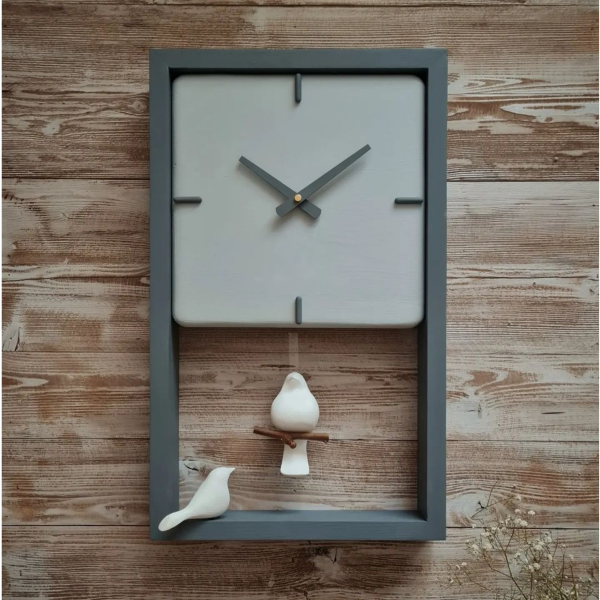 ساعت دیواری چوبی دست ساز، ساعت دیواری پاندولی سایز 50×30 سانت، ساعت دیواری مینیمال | رنگ طوسی کد 148