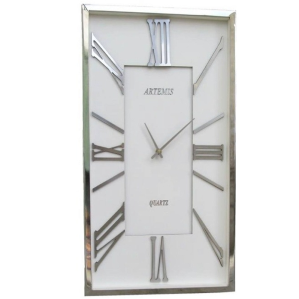 ساعت دیواری فلزی آرتمیس مدل 2028، ساعت دیواری مستطیلی شکل فلزی و آبکاری شده سایز 60x35 سانتی متر، رنگ نقره ای صفحه سفید