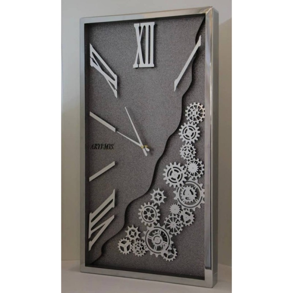 ساعت دیواری فلزی آرتمیس مدل 2035، ساعت دیواری مستطیلی شکل فلزی و آبکاری شده سایز 65x35 سانتی متر، دارای چرخ دنده هایی روی صفحه ساعت، رنگ نقره ای صفحه مشکی 