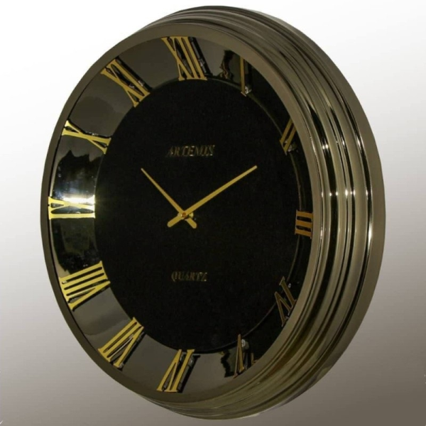 ساعت دیواری فلزی آرتمیس مدل 2041، ساعت دیواری فلزی و آبکاری شده، دارای طراحی مینیمال و مدرن با بدنه براق، سایز 53، رنگ تیتانیوم و جزییات طلایی