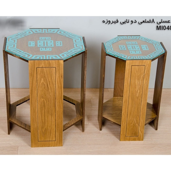 میز عسلی چوبی مدل M104066، میز عسلی چوبی 8 ضلعی دو تایی، میز عسلی مدل با طراحی کلاسیک، رنگ فیروزه 