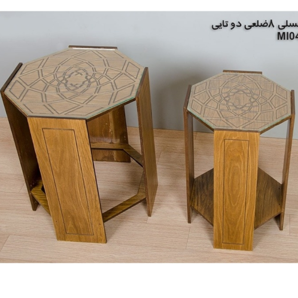 میز عسلی چوبی مدل M104069، میز عسلی چوبی 8 ضلعی دو تایی، میز عسلی مدل با طراحی کلاسیک