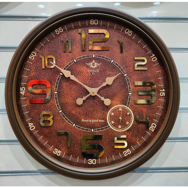 ساعت دیواری شیرون مدل R3، ساعت دیواری سایز 60 پلاستیکی طرح کلاسیک با صفحه تمام چوب و اعداد برجسته، دارای موتور ثانیه شمار مستقل، رنگ قهوه ای
