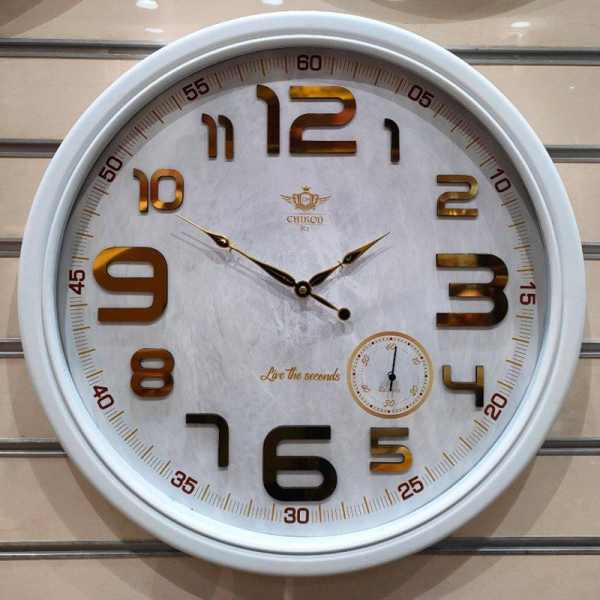 ساعت دیواری شیرون مدل R3، ساعت دیواری سایز 60 پلاستیکی طرح کلاسیک با صفحه تمام چوب و اعداد برجسته، دارای موتور ثانیه شمار مستقل، رنگ سفید