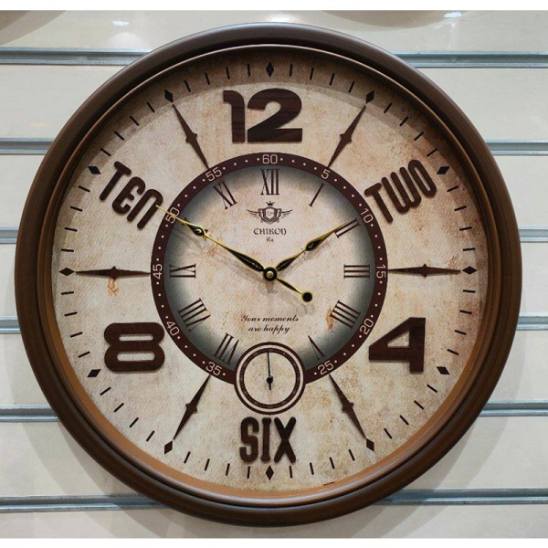 ساعت دیواری شیرون مدل R4، ساعت دیواری خلاقانه سایز 60 پلاستیکی طرح کلاسیک با صفحه تمام چوب و اعداد برجسته، دارای موتور ثانیه شمار مستقل، رنگ قهوه ای