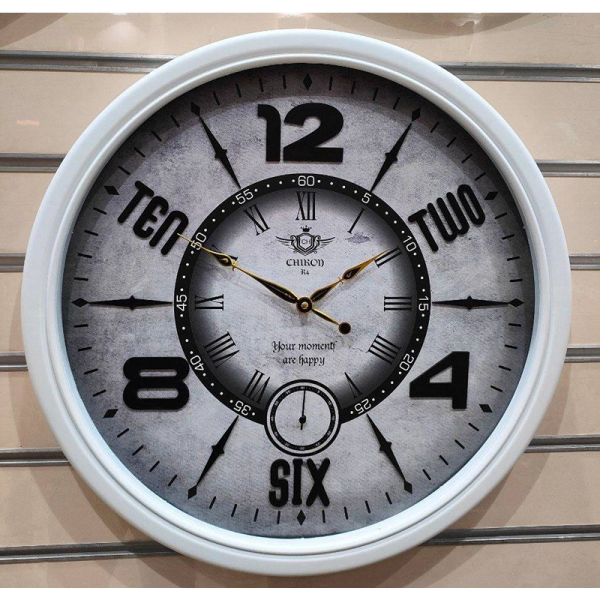 ساعت دیواری شیرون مدل R4، ساعت دیواری خلاقانه سایز 60 پلاستیکی طرح کلاسیک با صفحه تمام چوب و اعداد برجسته، دارای موتور ثانیه شمار مستقل، رنگ سفید