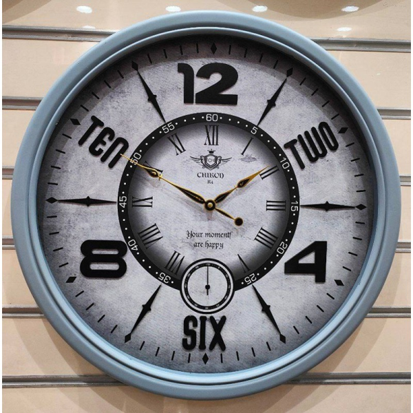 ساعت دیواری شیرون مدل R4، ساعت دیواری خلاقانه سایز 60 پلاستیکی طرح کلاسیک با صفحه تمام چوب و اعداد برجسته، دارای موتور ثانیه شمار مستقل، رنگ طوسی
