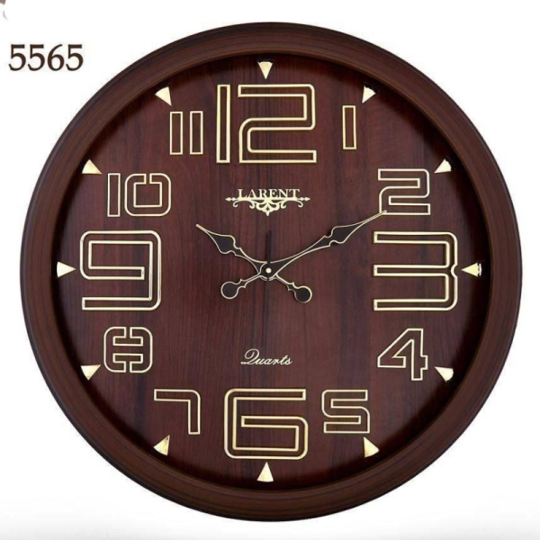 ساعت دیواری لارنت مدل 5565، ساعت دیواری سایز 70 پلاستیکی طرح کلاسیک با صفحه تمام چوب و اعداد برجسته لاتین