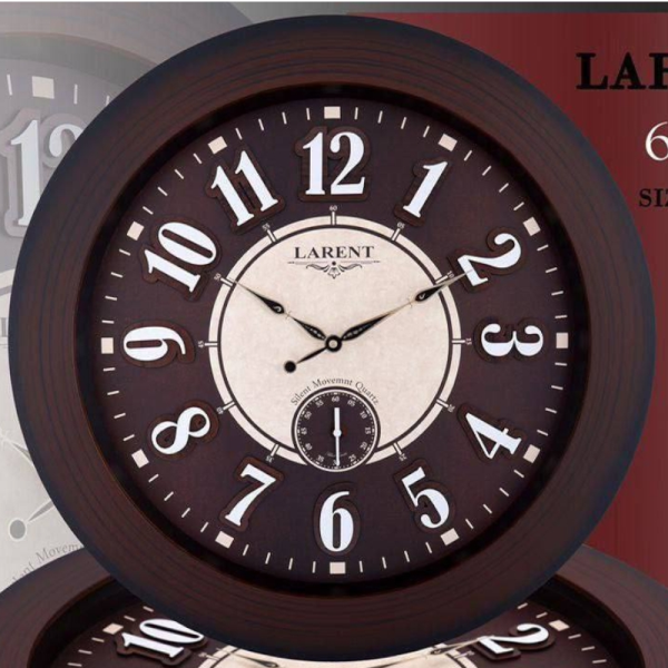 ساعت دیواری لارنت مدل 6010، ساعت دیواری سایز 70 پلاستیکی طرح کلاسیک با صفحه تمام چوب و اعداد برجسته، دارای موتور ثانیه شمار مستقل، رنگ قهوه ای