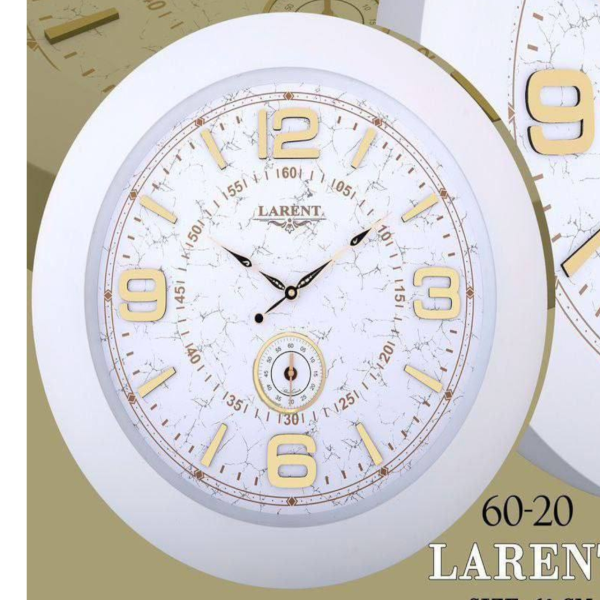 ساعت دیواری لارنت مدل 6020، ساعت دیواری سایز 70 پلاستیکی طرح کلاسیک با صفحه تمام چوب و اعداد برجسته، دارای موتور ثانیه شمار مستقل، رنگ قهوه ای