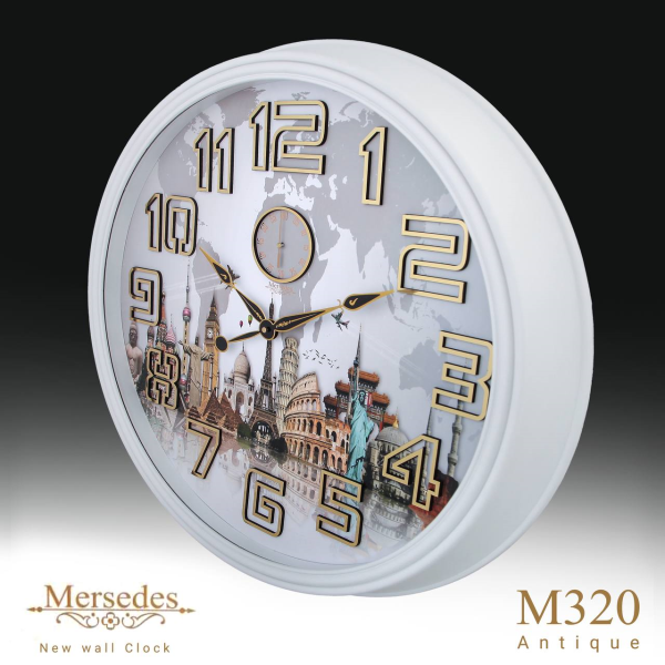 ساعت دیواری مرسدس مدل M320، موتور آرامگرد درجه یک، ساعت دیواری سایز 75 پلاستیکی طرح کلاسیک و صفحه تمام چوب،  طراحی زیبا روی صفحه  و اعداد برجسته مولتی  رنگ سفید
