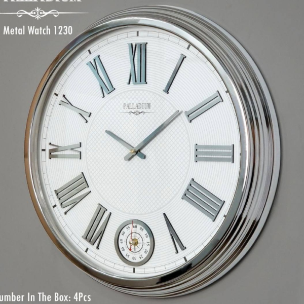 ساعت دیواری فلزی پالادیوم مدل 1230، ساعت دیواری دو موتوره سایز 55 با اعداد برجسته یونانی، ساعت دیواری شیک و متفاوت آبکاری شده با فریم فلزی به رنگ نقره‌ای و صفحه سفید