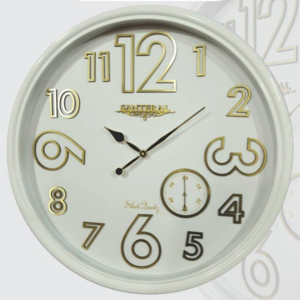 ساعت دیواری سانترال مدل 120، ساعت دیواری سایز 65 پلاستیکی طرح کلاسیک با صفحه چوبی و اعداد برجسته مولتی، دارای موتور ثانیه شمار مستقل، رنگ سفید