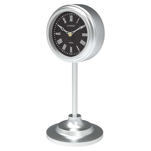 ساعت رومیزی شوبرت مدل 6011، ساعت رومیزی جدید از جنس فلز آبکاری شده با موتور آرامگرد مناسب میز کار و میز کنسول، رنگ نقره ای صفحه مشکی