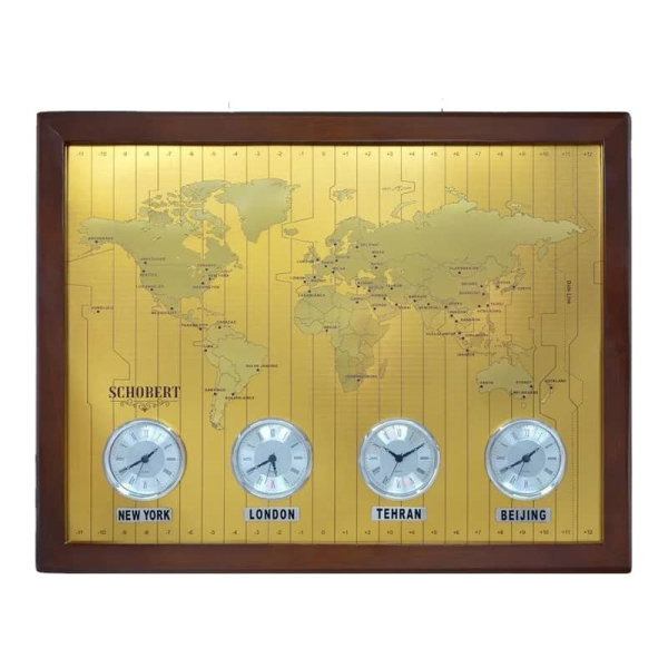 ساعت دیواری چند زمانه شوبرت، ساعتی بسیار عالی و بین المالی جهان نما، طرح نقشه جهان، ساعت دیواری مناسب هتل، صرافی، سالن پذیرایی | مدل 6060