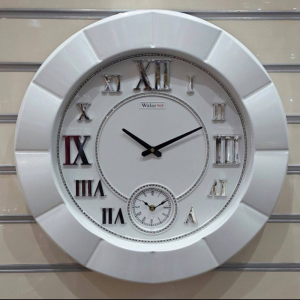ساعت دیواری والار مدل 505، ساعت دیواری سایز 60 با موتور ثانیه شمار مستقل بزرگ، طرح چوبی شماره رومی برجسته با قاب پلاستیک کیفیت بالا، رنگ سفید نقره ای