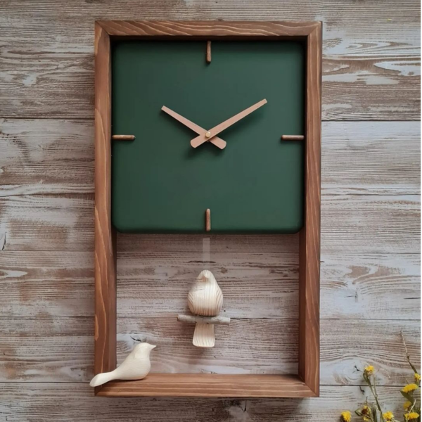 ساعت دیواری چوبی دست ساز، ساعت دیواری پاندولی سایز 50×30 سانت، ساعت دیواری فانتزی | رنگ سبز تیره کد 147