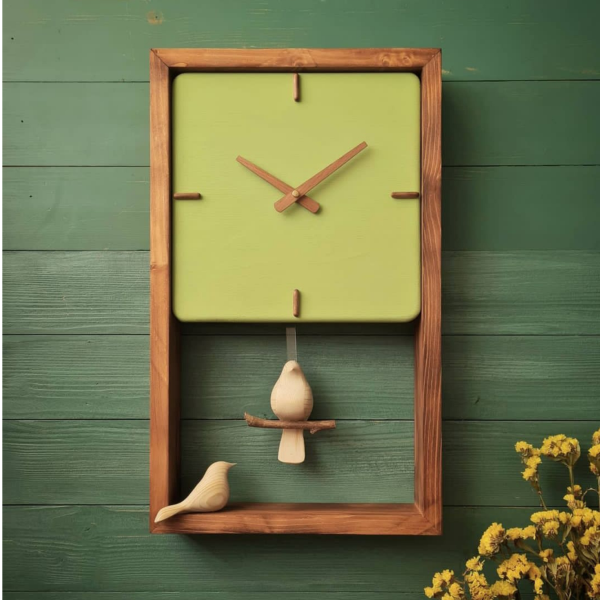 ساعت دیواری چوبی دست ساز، ساعت دیواری پاندولی ساخته شده با چوب طبیعی، ساعت دیواری با موتور تایوانی | رنگ سبز کد 150