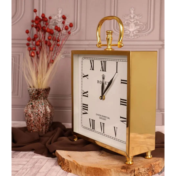 ساعت رومیزی رولکس، ساعت رومیزی مربع سایز 20 سانت از جنس استیل با موتور آرامگرد مناسب میز کار و میز کنسول، رنگ طلایی 