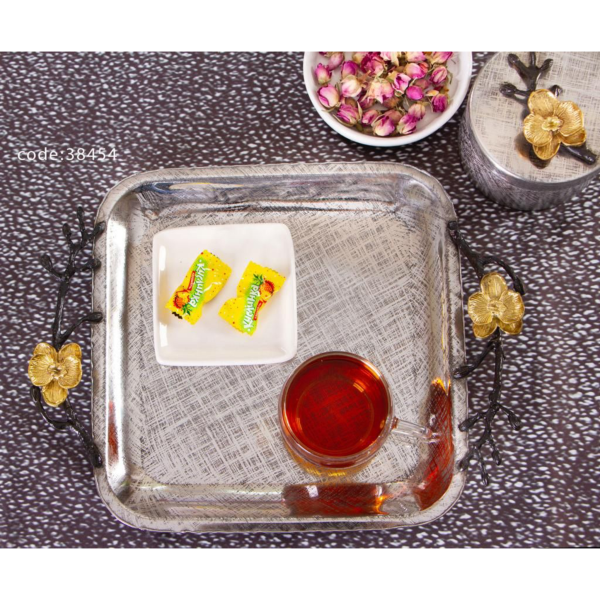 سینی پذیرایی سیاه قلم بنیکو، سینی مربع سنتی، سینی چای شیک | کد 38434