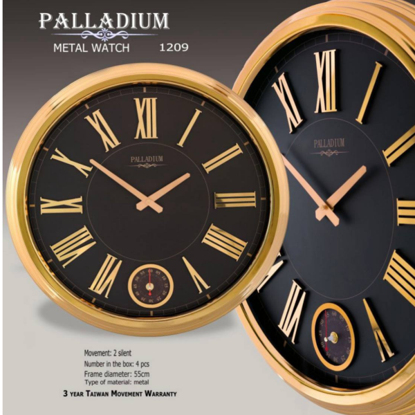 ساعت دیواری فلزی پالادیوم، ساعت دیواری دو موتوره سایز 55 با اعداد برجسته یونانی، ساعت دیواری شیک و متفاوت آبکاری شده با فریم فلزی به رنگ طلایی و صفحه مشکی | مدل 1209