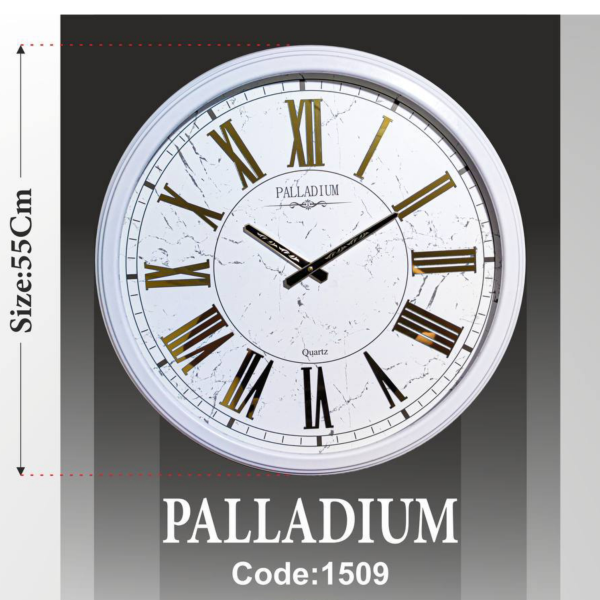 ساعت دیواری فلزی پالادیوم، ساعت دیواری سایز 55 با اعداد برجسته طلایی، ساعت دیواری سفید با موتور آرامگرد و اعداد یونانی | مدل 1509