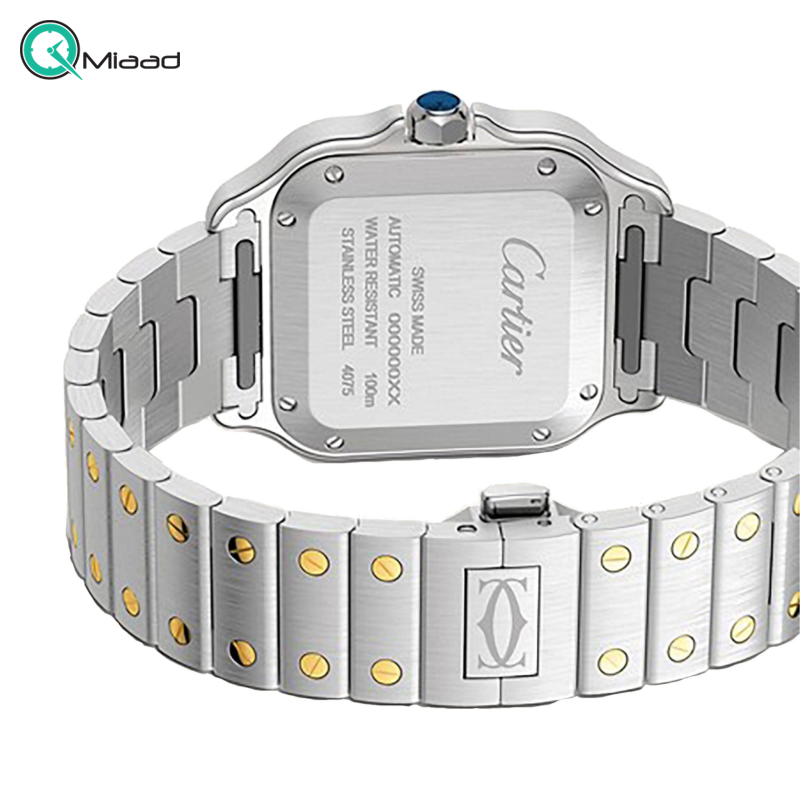 ساعت مچی مردانه کارتیه سانتوس، ساعت مچی مردانه زیبا با متریال تمام استیل، دورنگ طلایی، نمایش تقویم، صفحه سفید و عقربه های آبی رنگ قیمت ساعت مچی سه موتوره مردانه