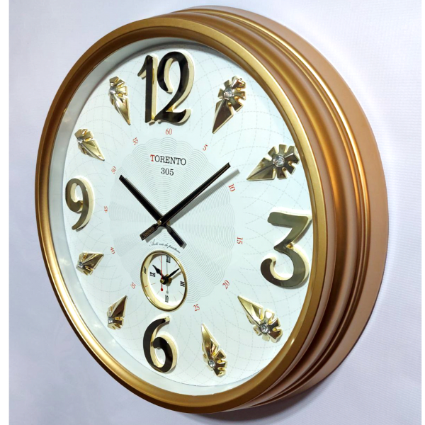 ساعت دیواری تورنتو مدل 305، ساعت دیواری سایز 60 با اعداد آبکاری شده، دارای موتور ثانیه شمار مستقل، رنگ طلایی