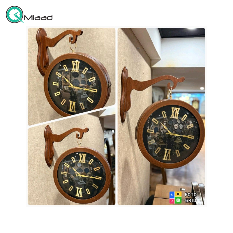 ساعت دیواری دو طرفه مدل 1950، ساعت دو طرفه بسیار بینظیر، متریال چوبی با تنوع رنگی، موتور درجه یک روانگرد، رنگ قهوه ای  ساعت دیواری دو طرفه