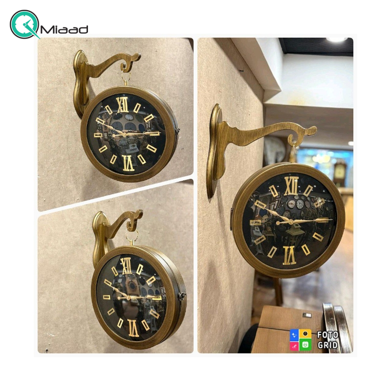 ساعت دیواری دو طرفه مدل 1950، ساعت دو طرفه بسیار بینظیر، متریال چوبی با تنوع رنگی، موتور درجه یک روانگرد، رنگ طلایی  ساعت دیواری دو طرفه
