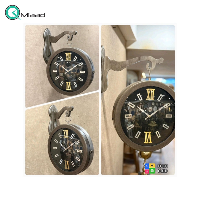 ساعت دیواری دو طرفه مدل 1950، ساعت دو طرفه بسیار بینظیر، متریال چوبی با تنوع رنگی، موتور درجه یک روانگرد، رنگ طوسی  ساعت دیواری دو طرفه