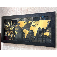 ساعت دیواری مدل 1470، ساعت دیواری طرح نقشه جهان با تنوع رنگ بندی، متریال ام دی اف ساعت، دارای موتور آرامگرد با دو سال ضمانت، رنگ مشکی مشخصات ساعت دیواری