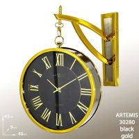 ساعت دیواری یک طرفه آرتمیس مدل 30280، ساعت مدل طرفه آویز بسیار بینظیر با متریال فلز، موتور درجه یک روانگرد، رنگ مشکی طلایی  ساعت برند ارس