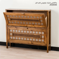 جاکفشی باریک لوتوس نقره ای مدل JK20046، جاکفشی با طراحی سنتی، دارای طبقه های برای نگهداری کفش و جزییات مربوطه، ترکیب رنگ نقره و قهوه ای  دکوراسیون