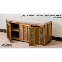 جاکفشی نشیمن لوتوس فیروزه ای نسکافه ای مدل JK20201، جاکفشی با طراحی سنتی، دارای طبقه های برای نگهداری کفش و جزییات مربوطه، ترکیب رنگ فیروزه ای و نسکافه ای  جهیزیه
