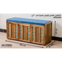 جاکفشی نشیمن لوتوس فیروزه ای آبی مدل JK20205، جاکفشی با طراحی سنتی، دارای طبقه های برای نگهداری کفش و جزییات مربوطه، ترکیب رنگ فیروزه ای و ابی  جهیزیه