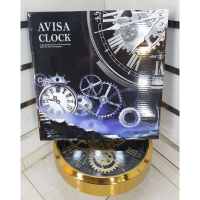 ساعت دیواری اویسا مدل 401، ساعت دیواری ساخته شده با بدنه فلزی، دارای چرخ دنده متحرک روی صفحه ساعت، اعداد رومی، رنگ طلایی با آبکاری فورتیک، سایز 45