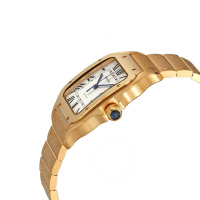 ساعت مچی مردانه کارتیه سانتوس، ساعت مچی مردانه زیبا با متریال تمام استیل، طلایی رنگ، نمایش تقویم، صفحه سفید و عقربه های آبی رنگ ساعت هابلو