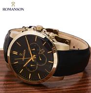 ساعت مچی رومانسون مردانه کرنوگراف گرد چرمی طلایی صفحه مشکی کد 25468 ساعت مچی مردانه مارک دار