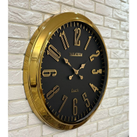 ساعت دیواری فلزی پالادیوم مدل 501، ساعت دیواری سایز 70 با فونت ساده و خوانا اعداد، ساعت دیواری شیک و متفاوت آبکاری شده با فریم فلزی، رنگ طلایی مشکی مشخصات ساعت دیواری