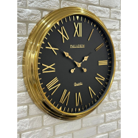 ساعت دیواری فلزی پالادیوم مدل 502، ساعت دیواری سایز 70 با فونت ساده و خوانا اعداد رومی، ساعت دیواری شیک و متفاوت آبکاری شده با فریم فلزی، رنگ طلایی مشکی مشخصات ساعت دیواری
