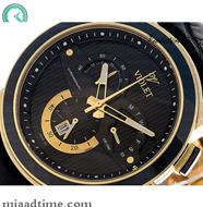 ساعت مچی ویولت، مردانه کرنوگراف، گرد چرمی، طلایی مشکی،صفحه مشکی | کد 0411/2G ساعت ویولت مردانه جدید