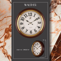 ساعت دیواری والتر Walther مدل 4018 | ساعت دیواری سایز 38 با موتور آرامگرد، بدنه قهوه ای و صفحه سفید به همراه جزییات مشکی، موتور ثانیه شمار مستقل