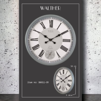 ساعت دیواری والتر Walther مدل 6011 | ساعت دیواری سایز 57 با موتور آرامگرد، بدنه و جزییات با ترکیب رنگ خاکستری و سفید و مشکی، موتور ثانیه شمار مستقل