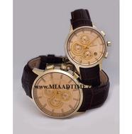 ساعت مچی رومانسون زنانه کرنوگراف گرد چرمی طلایی صفحه سفید شیشه رنگی کد 16248 ساعت مچی زنانه بند چرم