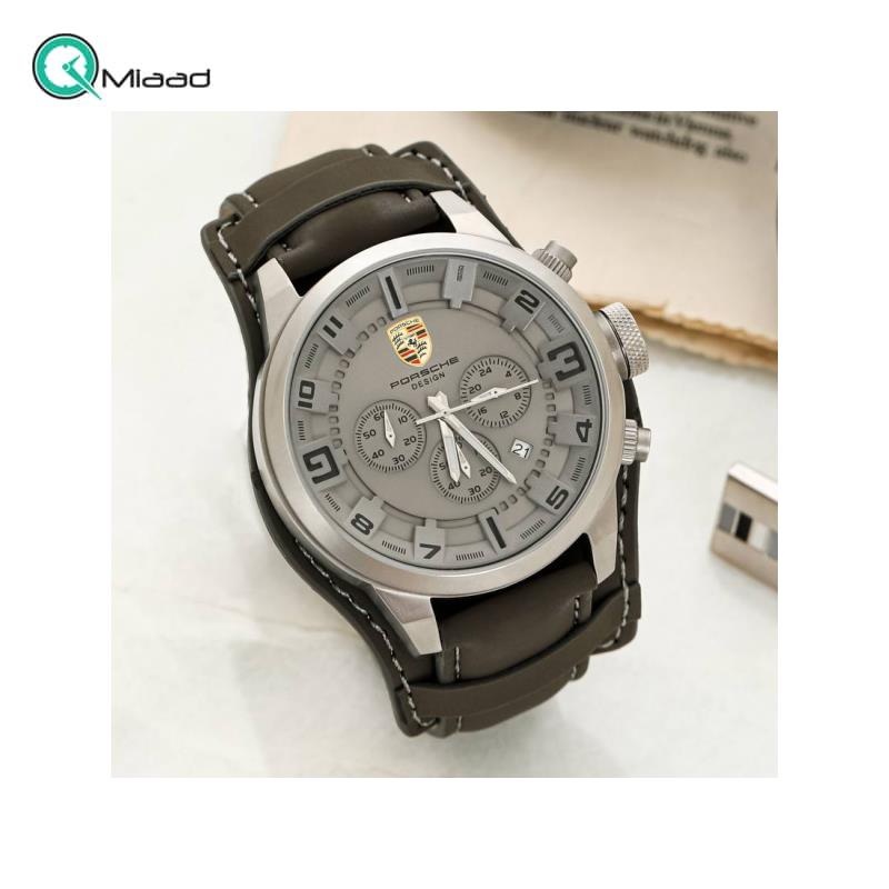 ساعت مچی پورشه مردانه، ساعت پورشه دیزاین هایکپی، ساعت اسپرت کرنوگراف تقویم دار با بند چرمی، مدل JP-24059M ساعت مچی porsche
