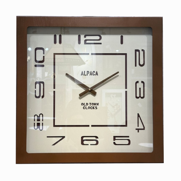  ساعت دیواری چوبی آلپاکا Alpaca کد Gl74 عدد لاتین، ساعت دیواری مربع کرم قهوه ای سایز 60 و موتور آرامگرد، ساعت دیواری با صفحه خاص و زیبا