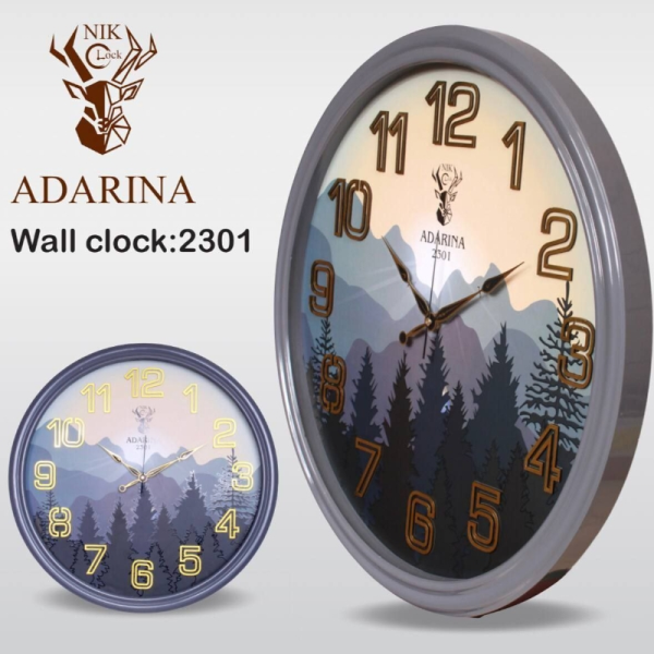 ساعت دیواری آدرینا مدل 2301، ساعت دیواری خاص با متریال پشتی و صفحه MDF، دارای صفحه ضد رطوبت و رنگ 3 لایه براق، شیشه 3 میلیمتر، سایز 55 سانتی متر، رنگ طوسی