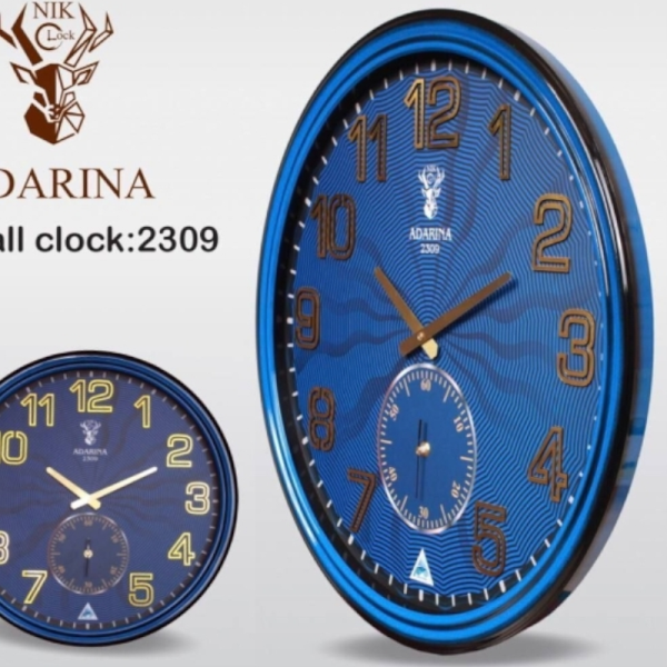 ساعت دیواری آدرینا مدل 2309، ساعت دیواری خاص با متریال پشتی و صفحه MDF، دارای صفحه ضد رطوبت و رنگ 3 لایه براق، شیشه 3 میلیمتر،  سایز 55 سانتی متر، دوموتوره، رنگ آبی
