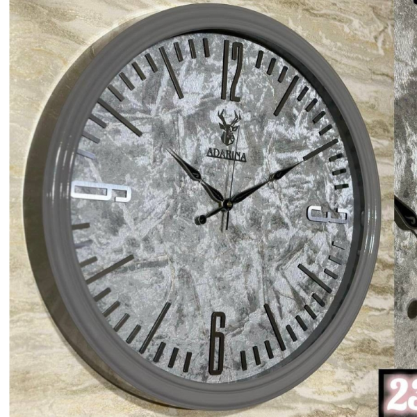 ساعت دیواری آدرینا مدل 2311، ساعت دیواری خاص با موتور آرامگرد درجه 1، صفحه ضد رطوبت شاین دار PVC، بدنه از متریال پلاستیک، سایز 55 سانتی متر، رنگ طوسی